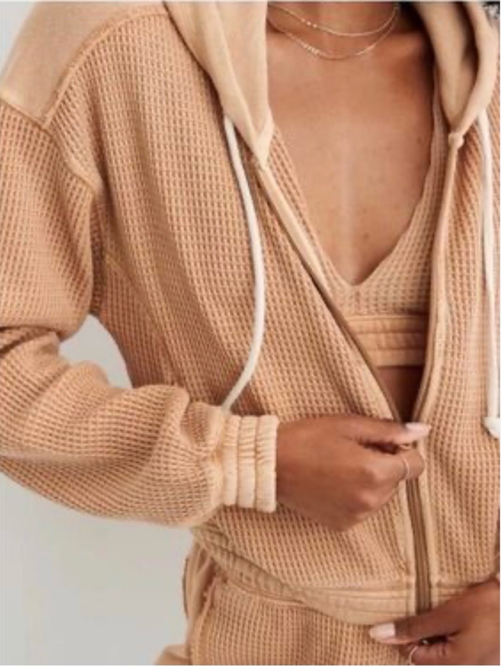 aerie Cropped Waffle Zip Hoodie in Tan